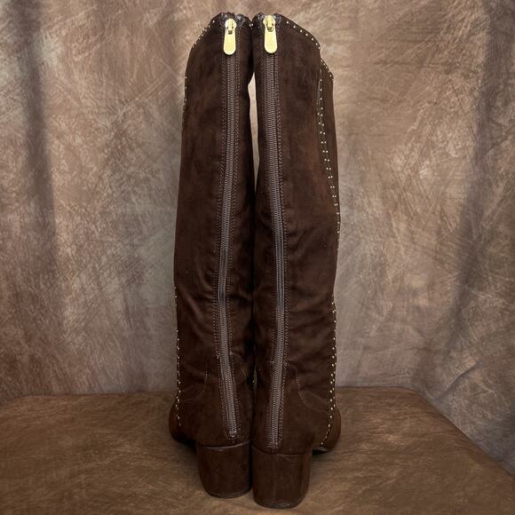 Adrinnne Vittadini Studded Riding Boots Brown Faux Suede Chunky Heel Women's 8 - Picture 6 of 10